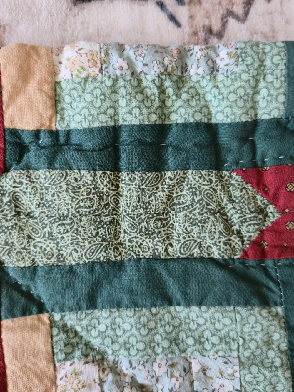 Vintage Quilted Christmas Curtain Panels Set 39x43 Patchwork Log Cabin Star Red